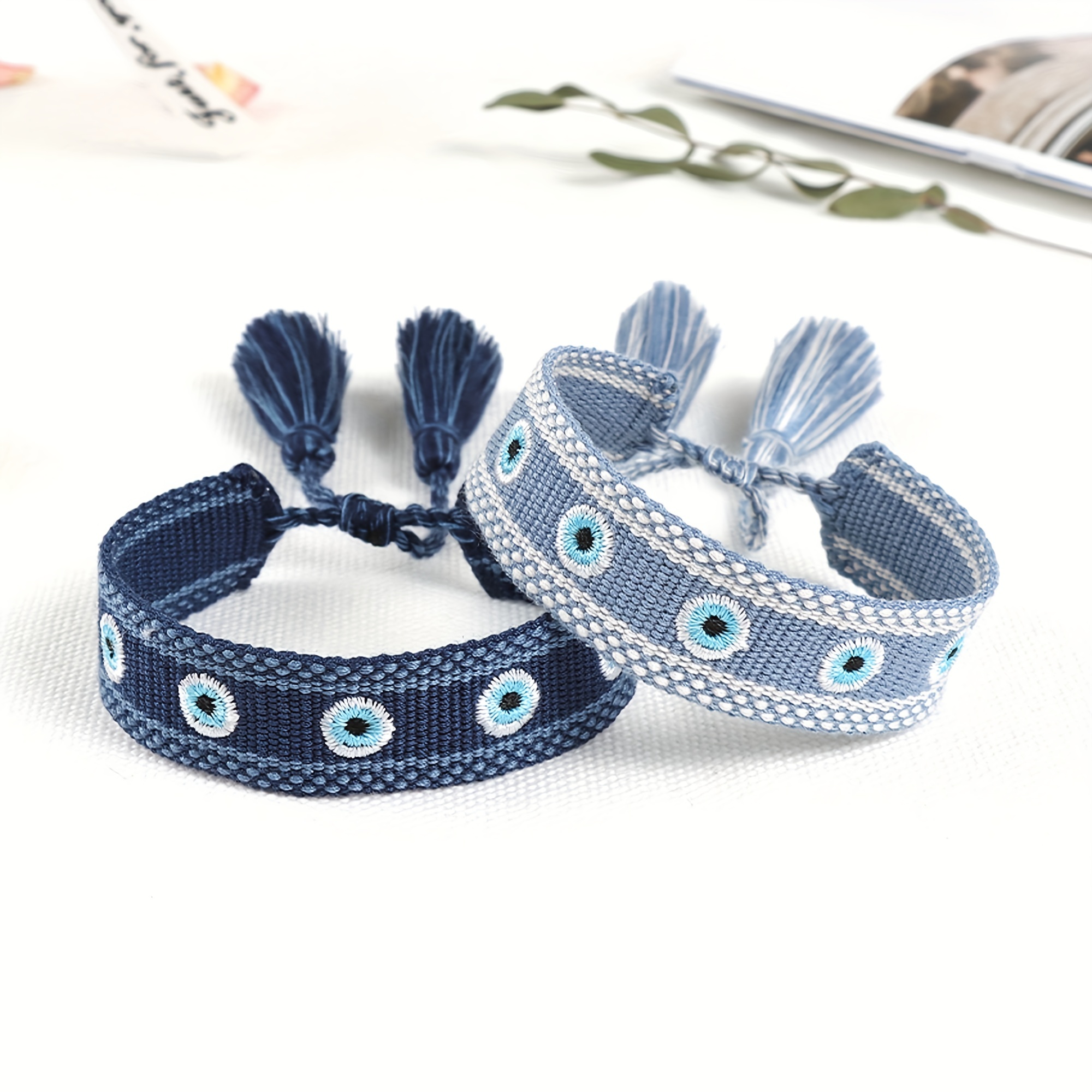 Multicolor Evil's Eyes Embroidered Tassel Bracelet, 10 Colors