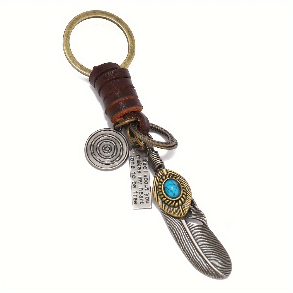 Creative Turquoise Alloy Feather Pendant, Retro Keychain, Bag Accessories, Small Gift