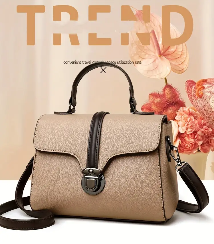 mini color contrast handbag women pu leather crossbody bag fashion turn lock flap purse details 0
