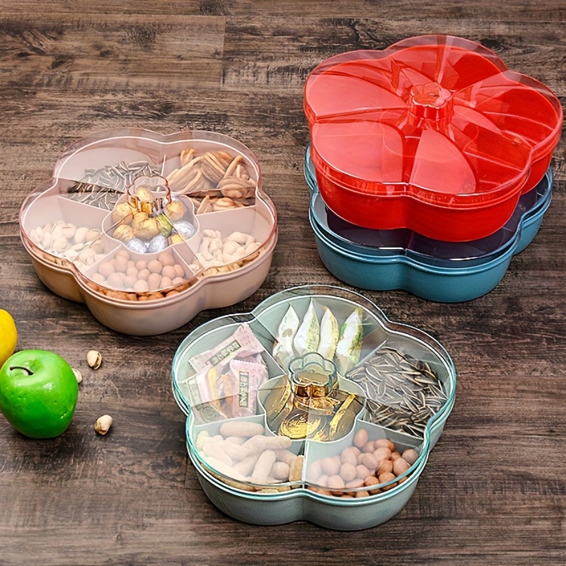 barsku Snack Storage Box Flower Shape Snack Serving Tray Snacks Storage Box  With Lid, Food Fruit Storage Box, Dry Fruit Container with 6 Compartments