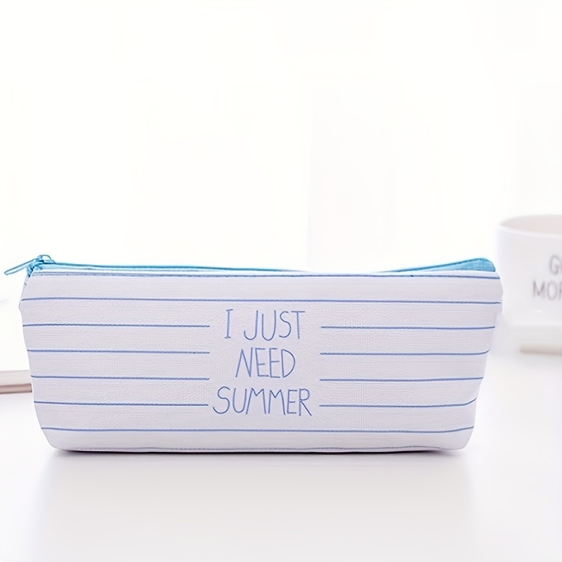 Canvas Blue Pencil Case Solid Color Stripes Simple Pencil Bags for