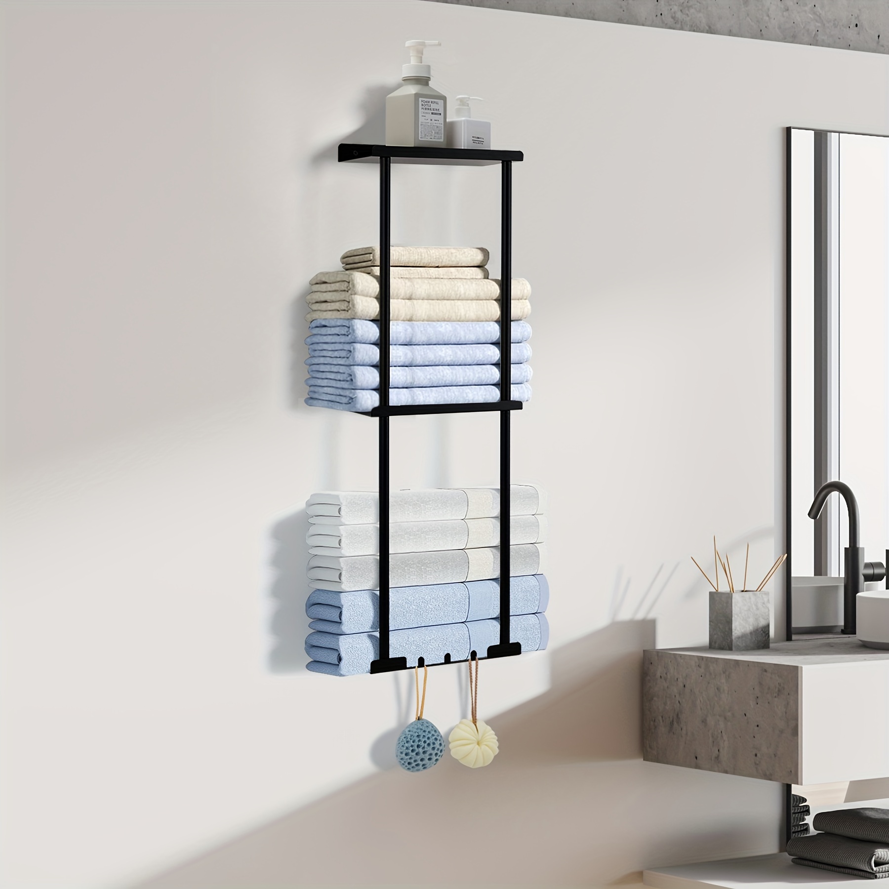  Ideashop Toalleros de metal de 3 barras para baño, para  almacenamiento de toallas de baño con estante y ganchos para colgar,  toallero de pared para toallas grandes enrolladas, color negro mate 