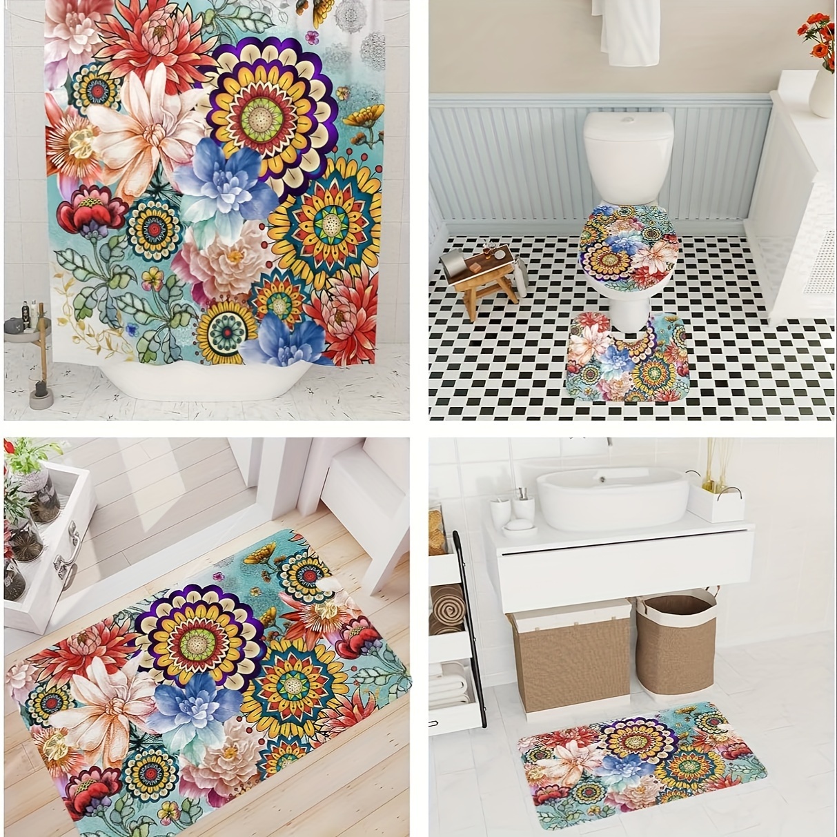 4pcs Bohemian Flower Bathroom Set, Waterproof Shower Curtain With 12 Hooks,  Non-Slip Bathroom Rug, Toilet U-Shape Mat, Toilet Lid Cover Pad, Aesthetic