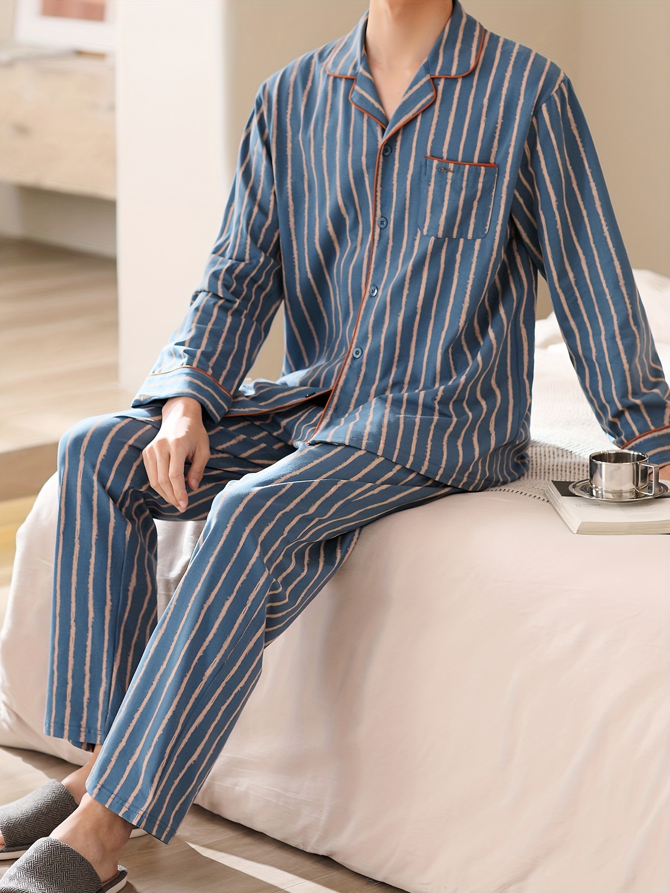 Pijamas de lino de algodón para hombre, pantalones de pijama a cuadros para  descansar, dormir, pantalones de pijama con bolsillos y cordón para dormir