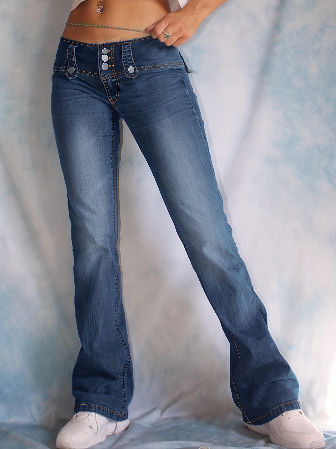 Jeans acampanados con botones de un solo pecho * pantalones de mezclilla de  tiro alto con parte inferior de campana de cintura alta, jeans y ropa