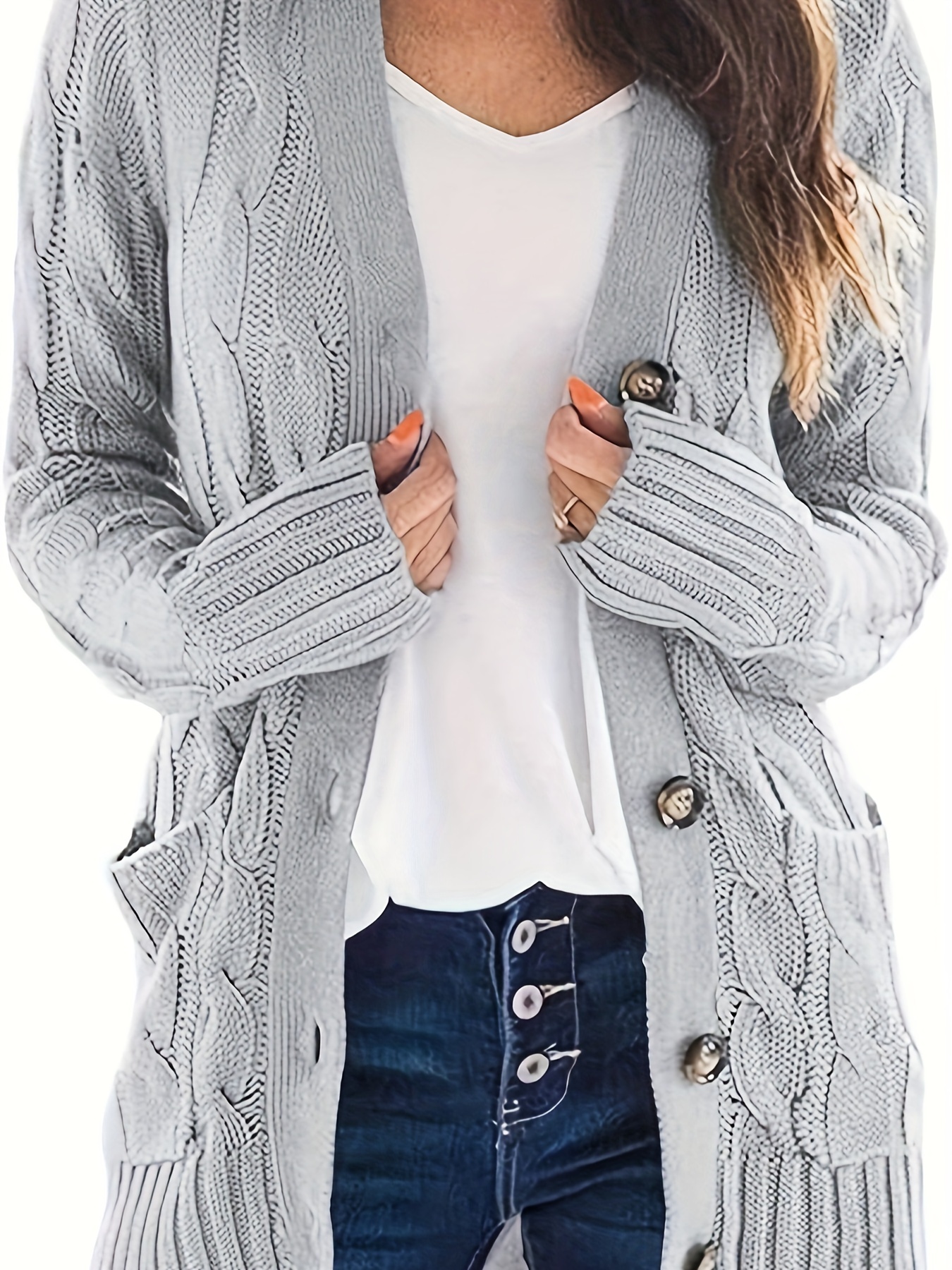 Cable Knit Button Front Cardigan Casual Solid Long Sleeve - Temu