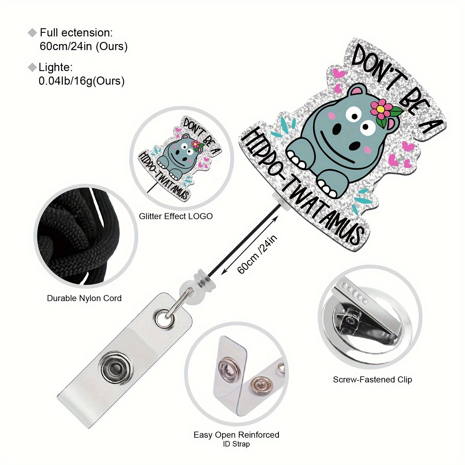 Name Badge Holder,PC Don't Be A Hippo-Twatamus Retractable Badge Reel with Clip, Cute Hippo ID Card Badge Holder Gift for Nurses Doctors Office