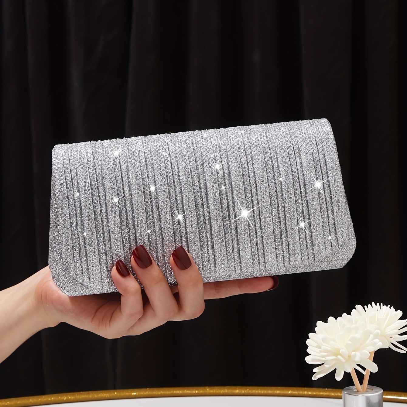 Silver Grey Flap Evening Clutch Bag For Weddings & Evening Occasions