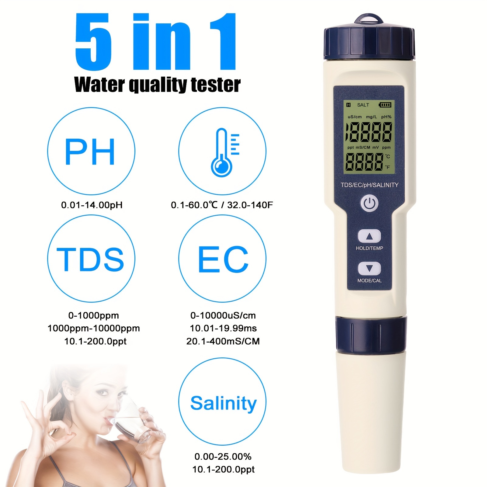 PH Mètre 3 en 1 avec ATC Testeur pH Mètre Numérique PH TDS