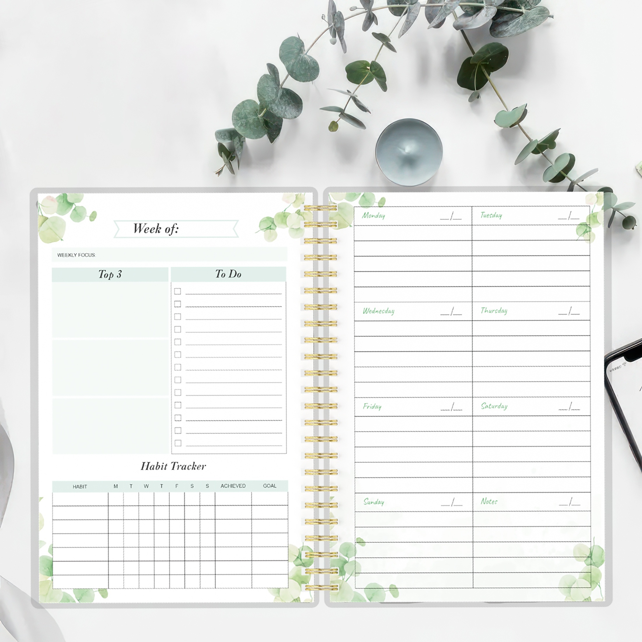 Undated Weekly Planner - Greenery To Do List Notebook, A5