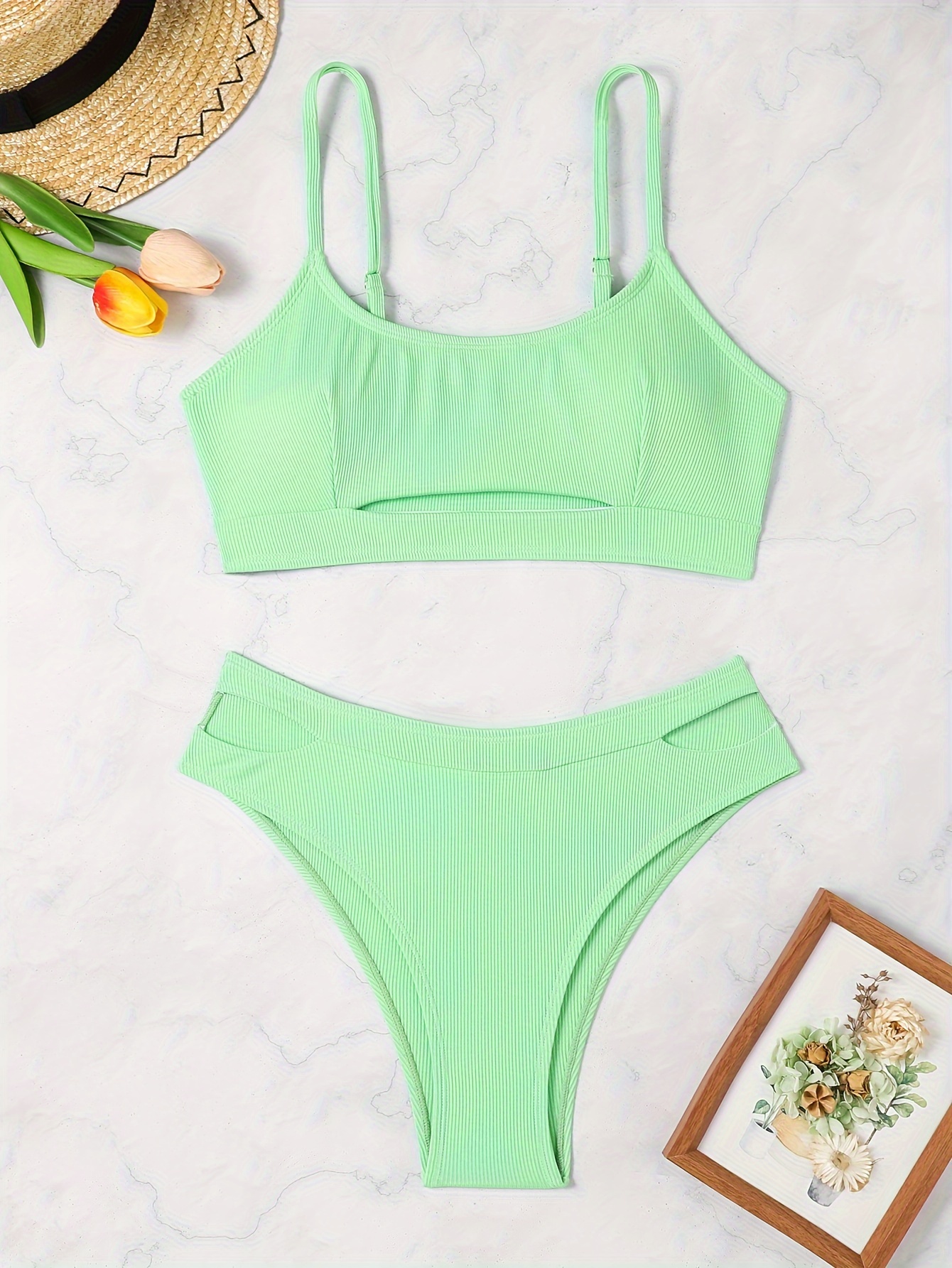 Solid Neon Green Spaghetti Strap Bikini High Cut Stretchy - Temu
