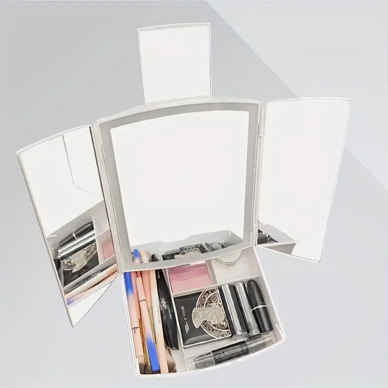 tri fold lighted makeup mirror with 4 compartments storage tray led folding makeup mirror usb model vanity mirror perfect for travel and storage details 1