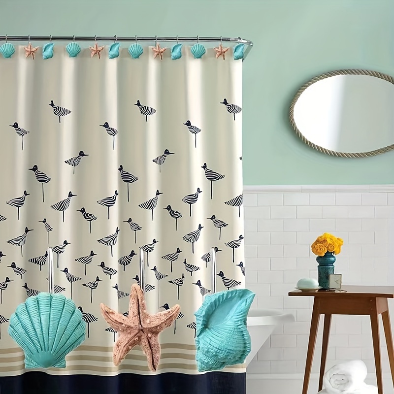 Shell Decoration Hooks Blue Green Sea Shells Shower Curtain - Temu