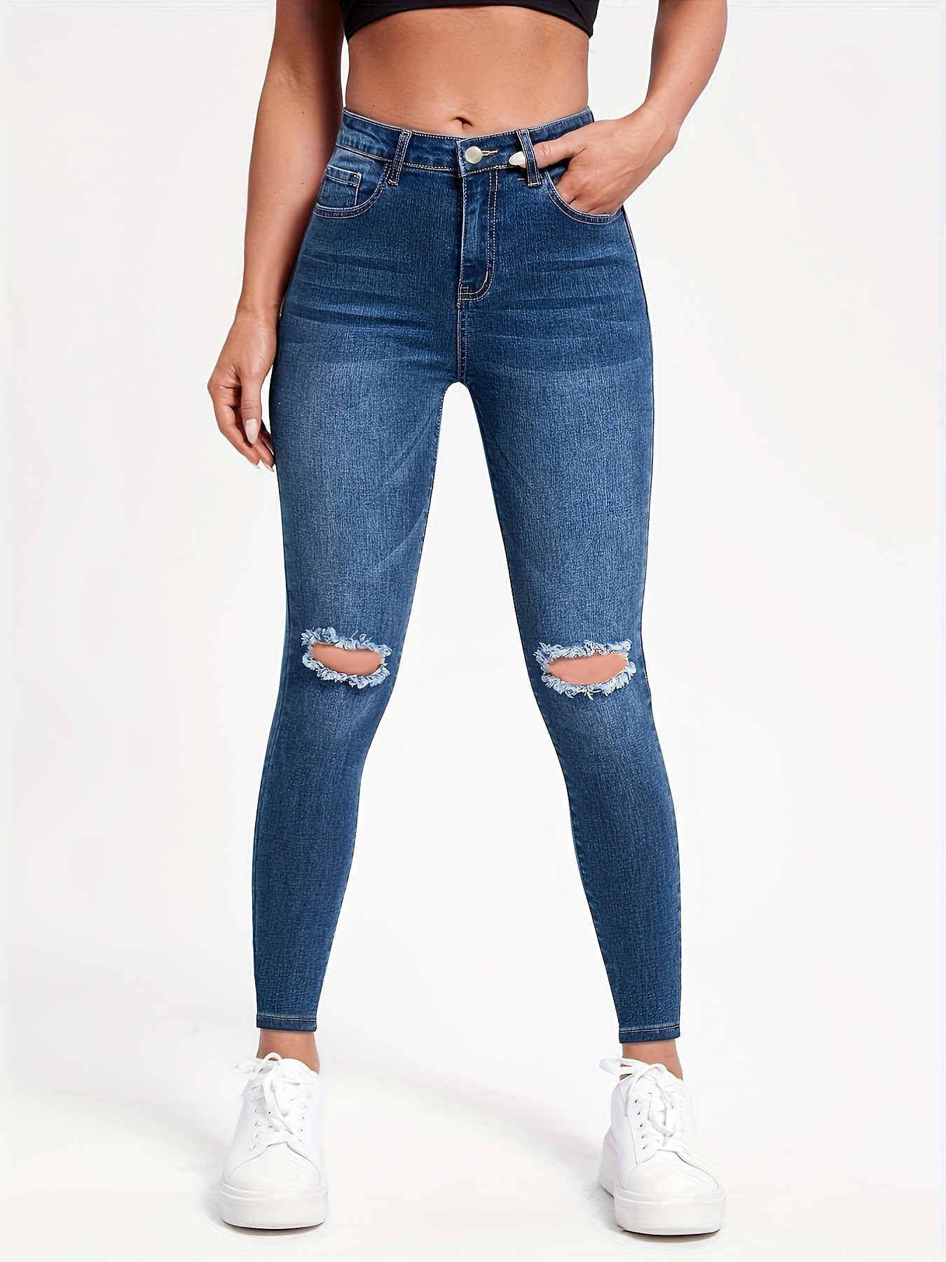 Ripped White Skinny Cropped Jeans Solid Color High Stretch - Temu