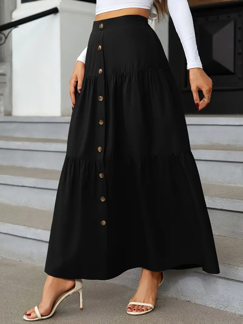 high waist tiered skirts casual solid button front maxi skirts womens clothing details 1