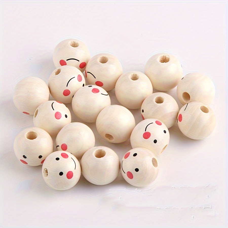 50Pcs Wooden Beads Smile Face Wood Round Ball Loose Round Bead with Hole  for