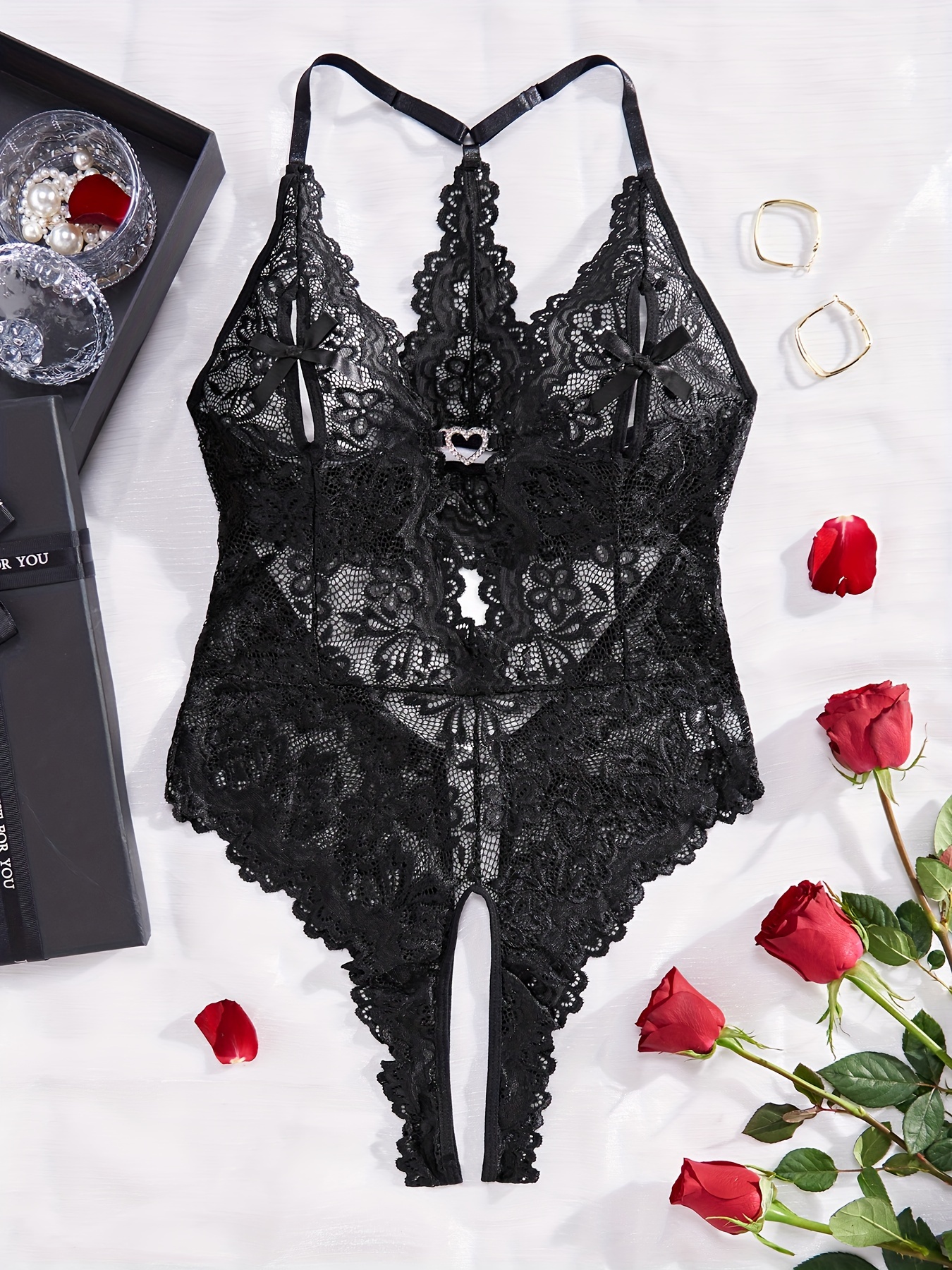 Elegant Floral Lace Halter Teddy, Adult Semi-Sheer Deep V Backless Open  Crotch Bodysuit, Women's Sexy Lingerie & Underwear