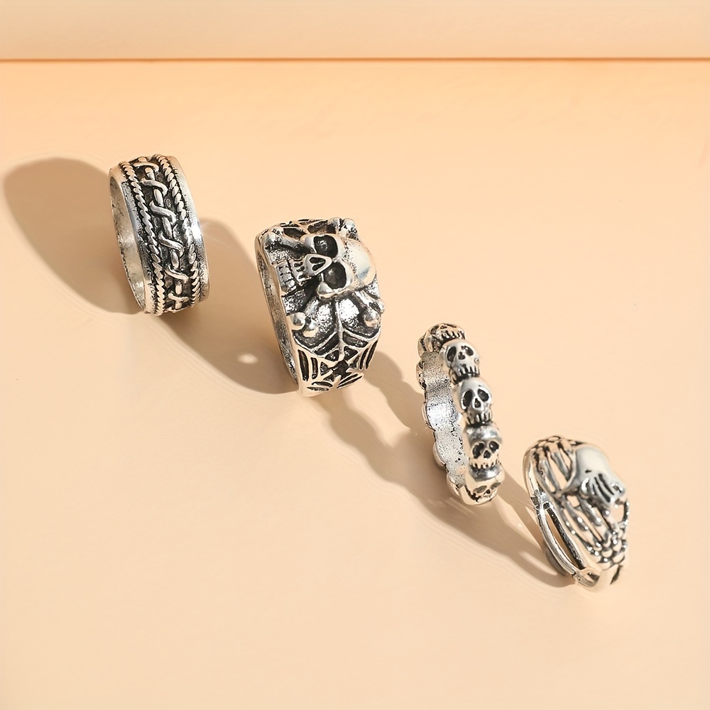 Hip Hop Style Skull Finger Ring Set, 4 Pcs