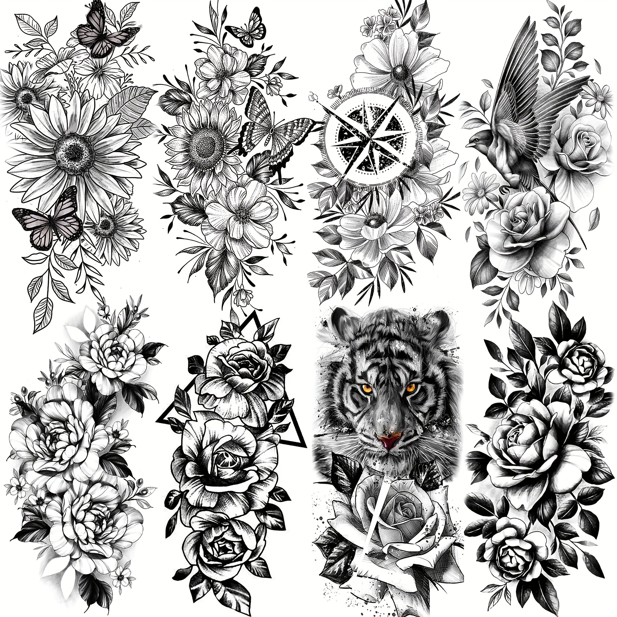 Black Sketch Rose Daisy Sunflower Flower Leaf Body Waist Arm Neck Temporary  Tattoos Bkseries 