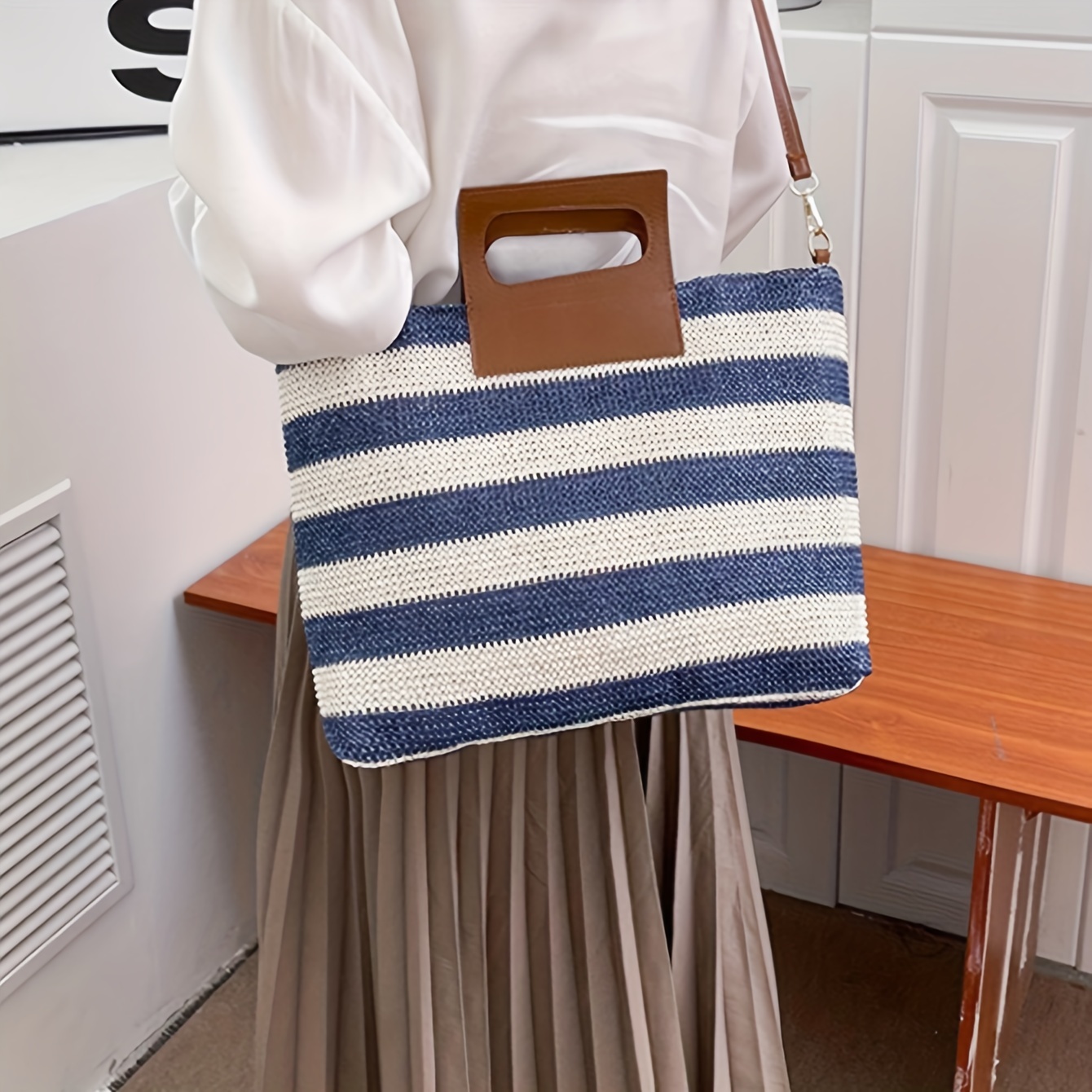 Color Block Square Hand Bag, Women's Striped Shoulder Tote Bag, Elegant  Crossbody Purse For Work - Temu