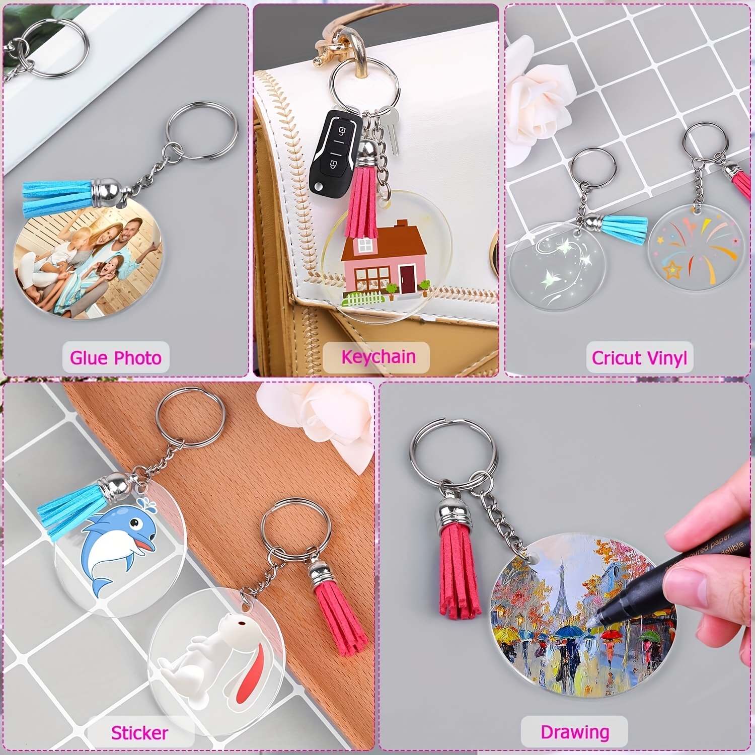 Temu 24 Sets, White Slap Bracelets and Acrylic Keychain Blanks DIY Plastic Slap Bracelets Blank Clear Keychains for Vinyl Kit Acrylic Keychains with
