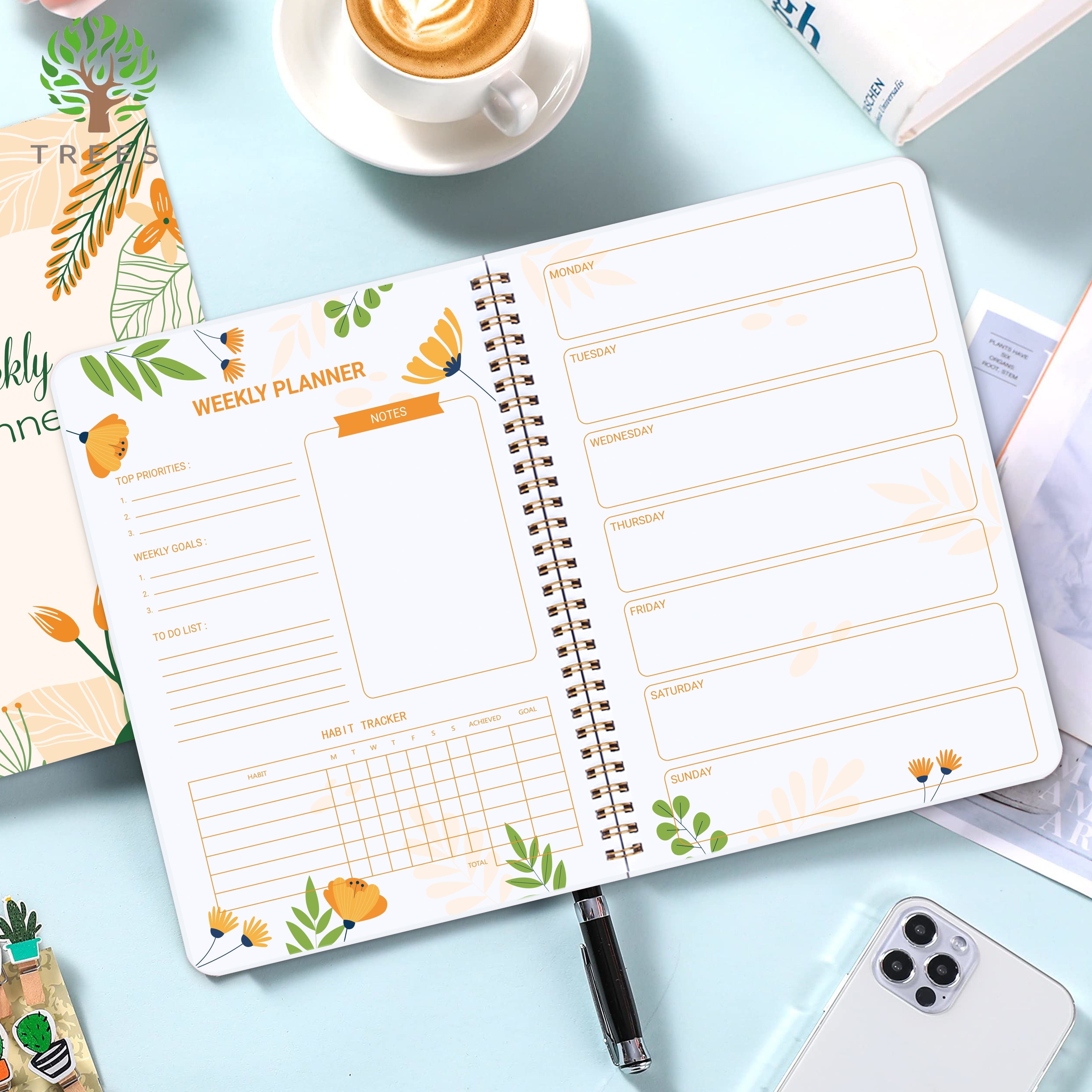 Trees Flower Weekly Notebook Undated Goals Planner Agenda - Temu