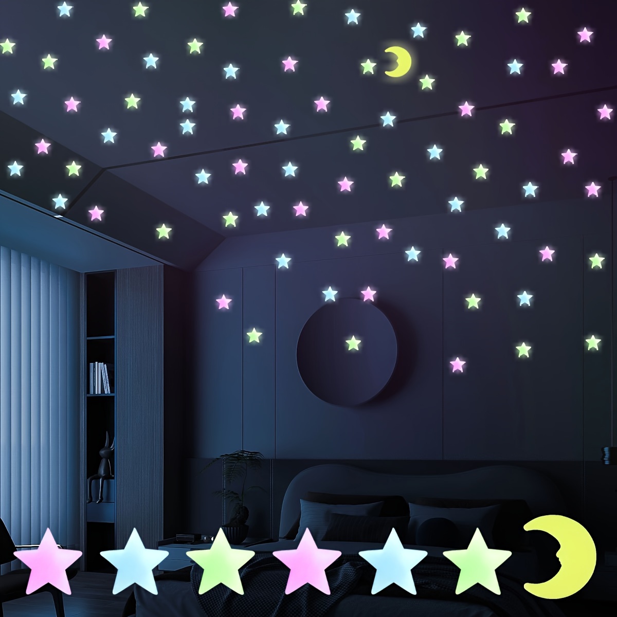  Calcomanías de estrellas que brillan en la oscuridad para  techo, 200 piezas de estrellas brillantes 3D y luna para dormitorio de  niños, calcomanías de estrellas luminosas que crean un cielo estrellado 