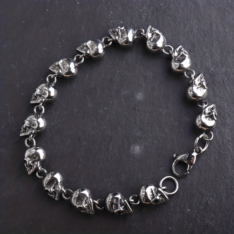 Image of 1pc Vintage Gothic Skull Beaded Bracelet With Clasp For Statement Men Motorcycle Hip Hop Punk Rock Party Jewelry