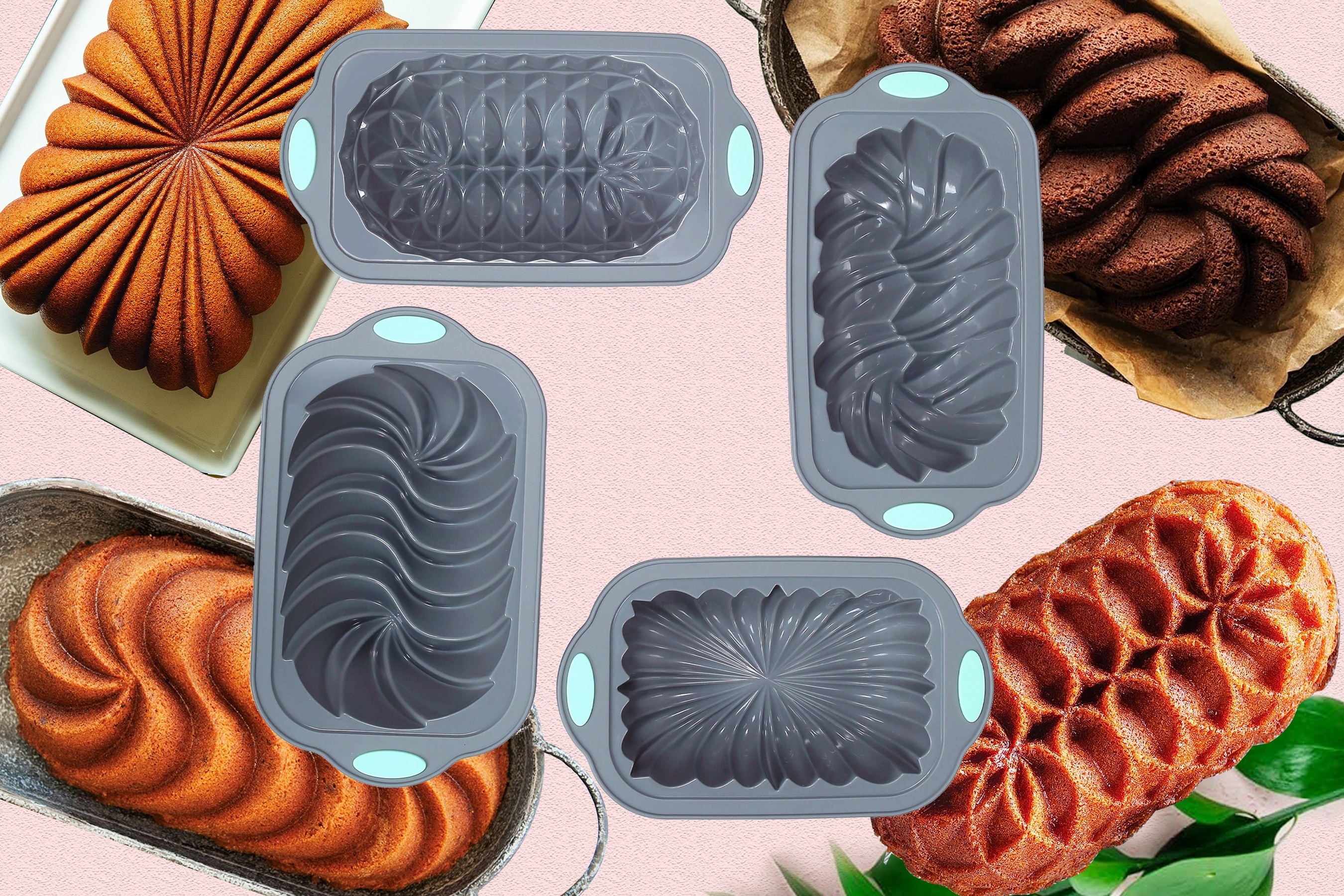 4pcs silicone baking mold set non stick flexible loaf pans with lotus spiral braided classic fluted designs for cakes breads meatloaf   more   holiday parties gifts details 0