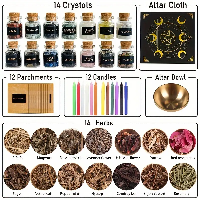 54pcs Witchcraft Supplies Kit For Witch Altar, Spell Candles For  Witches.Crystals Spell Jars For Witches, Herbs For Spells, Beginner Witch  Kit BoxWitc