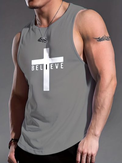believe cross creative graphic print casual active tank top crew neck sleeveless fitness training sports vest for summer