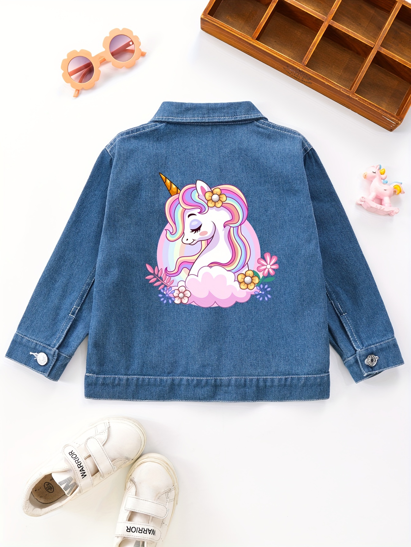 girls denim jacket unicorn rainbow print long sleeve casual Temu