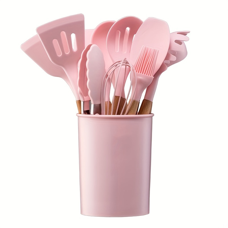 Silicone 11PCS Nonstick Cooking Utensils Set Wooden Handle Turner Tongs  Spoon Kitchen Gadgets - Pink