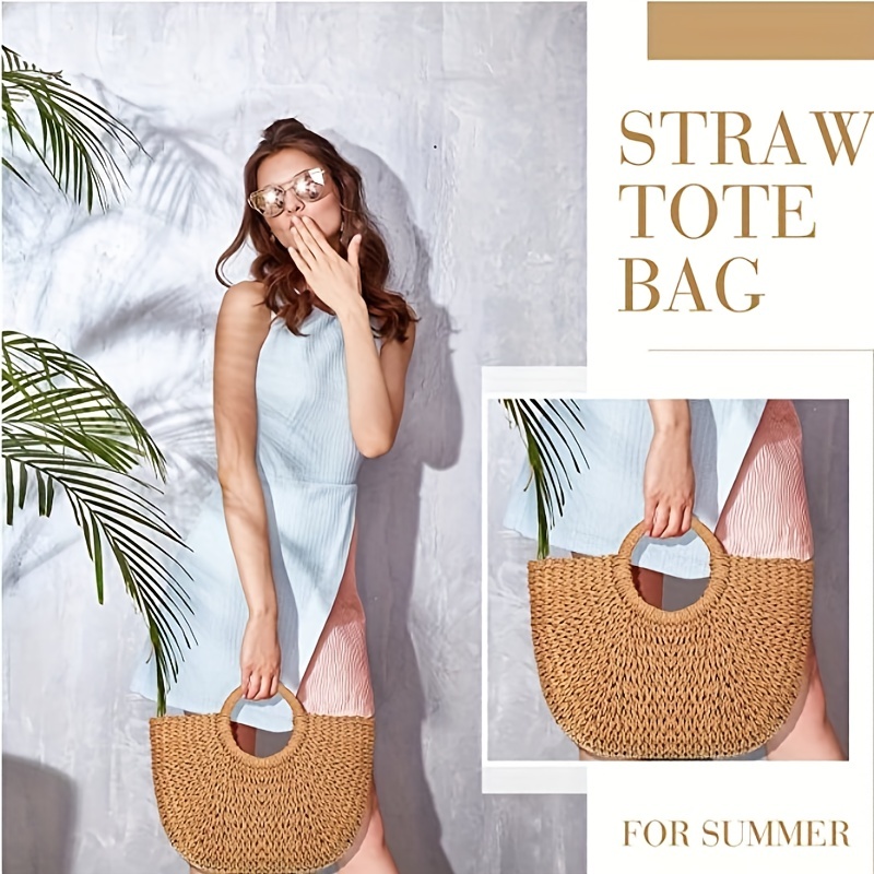 Round Straw Woven Beach Bag, Large Simple Tote Bag For Summer Beach,  Women's Fashion Daily Purse & Travel Essential Accessories - Temu