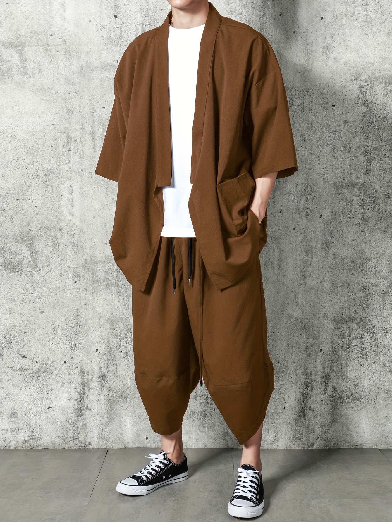 Japanese Style Modern Kimono Short-Sleeved T-Shirt Loose Pants Set Wear For  Men, loose pants and shirt 