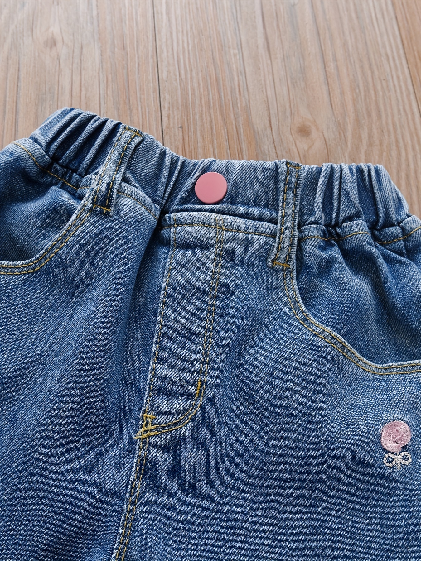 Kids Girls Stylish Jeans Elastic Waistband Pockets Denim Pants Casual  Trousers