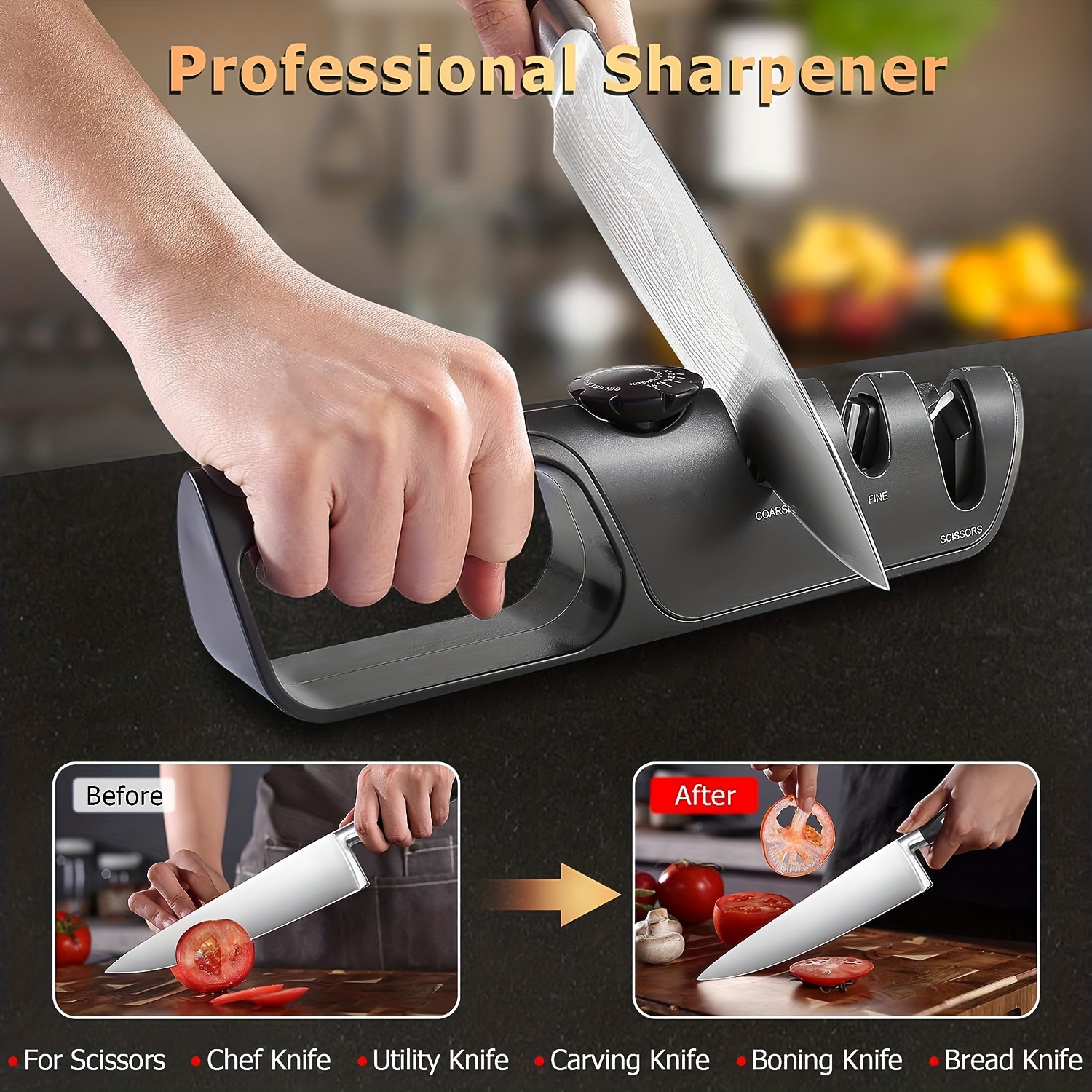 1pc 3-in-1 Kitchen Knife & Scissors Sharpener, Adjustable Angle