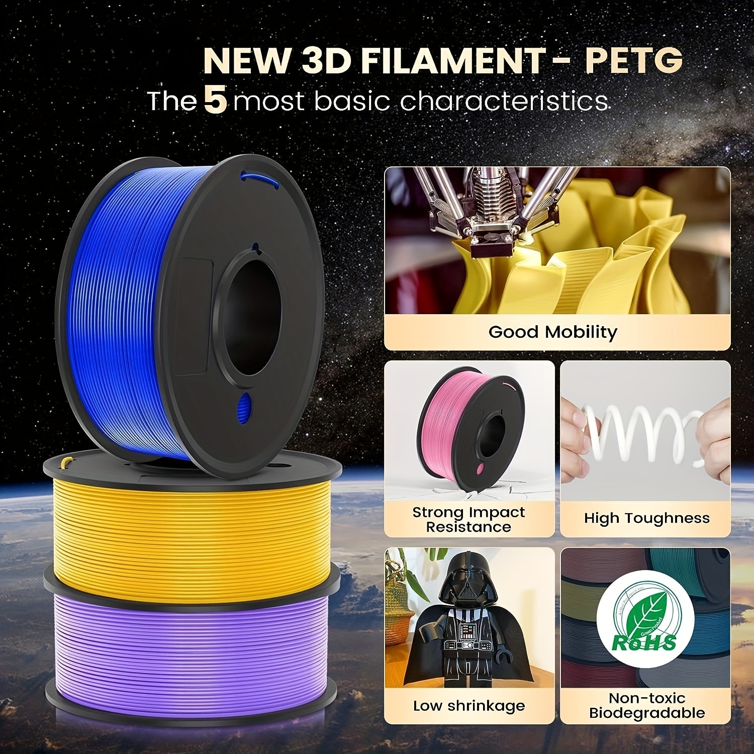 PETG 3D Printer Filament, SUNLU Super Neat Filament Spool, Strong PETG  Filament 1.75mm Dimensional Accuracy +/- 0.02mm, 1KG Spool(2.2lbs), 320  Meters, PETG Black 10 KG 