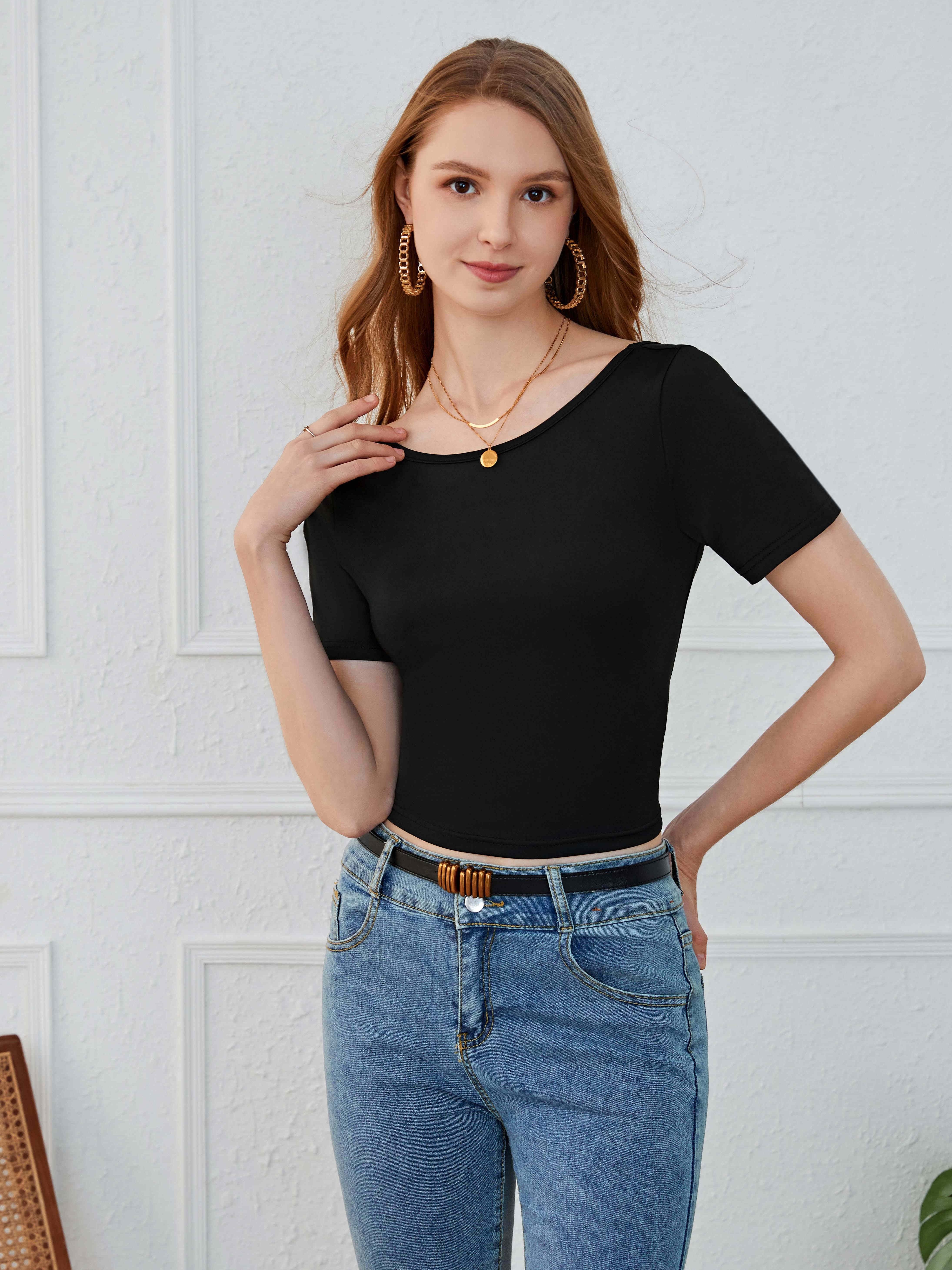 Women's Bodycon T-Shirt Slim Fit Solid Color Basic Blouse Workout Yoga  Tight Crop Tops Spring Summer Fall Tee at  Women’s Clothing store