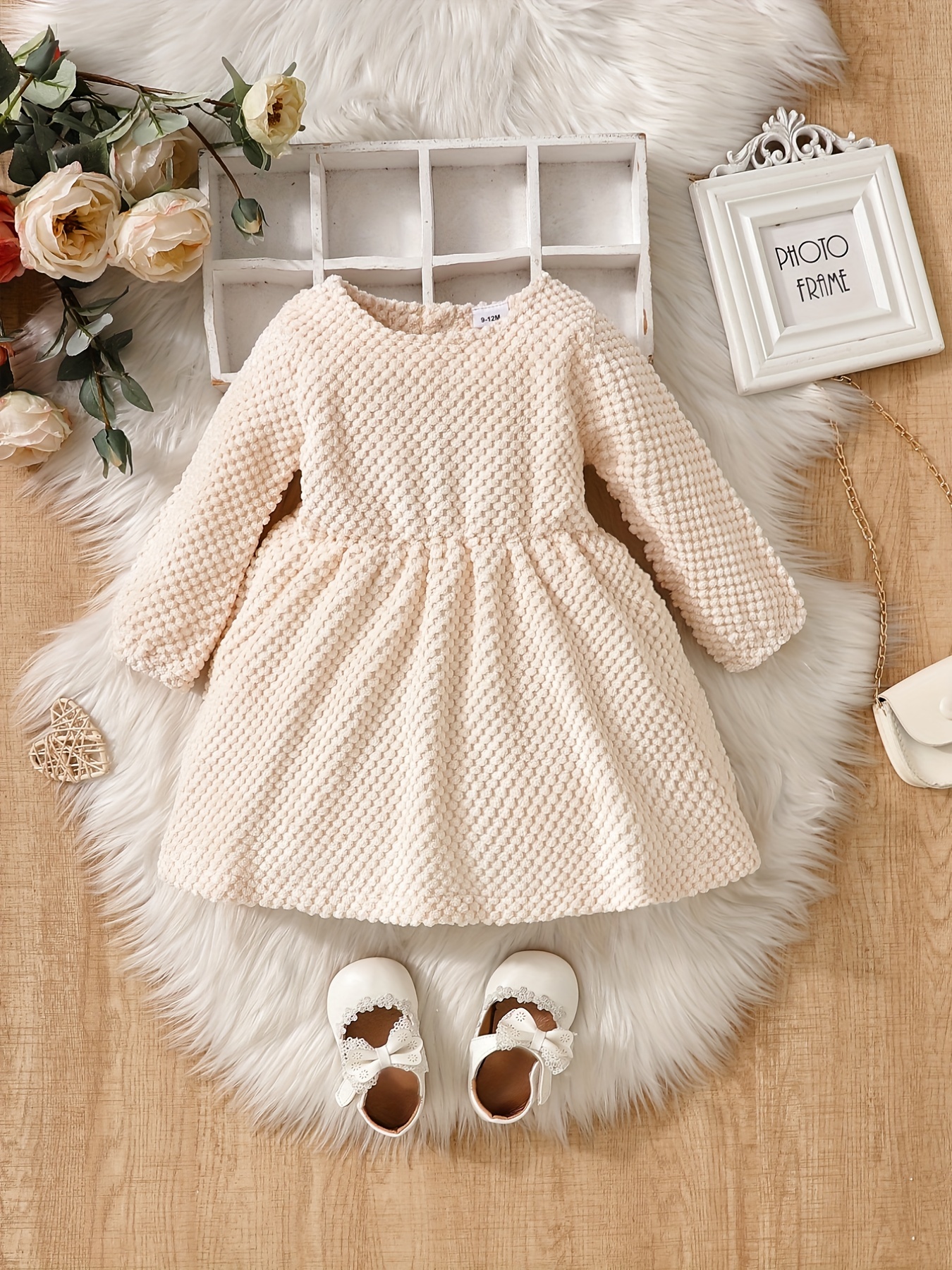 Plaid Kitted Textured Baby Dress Pleated Long Sleeve Casual - Temu