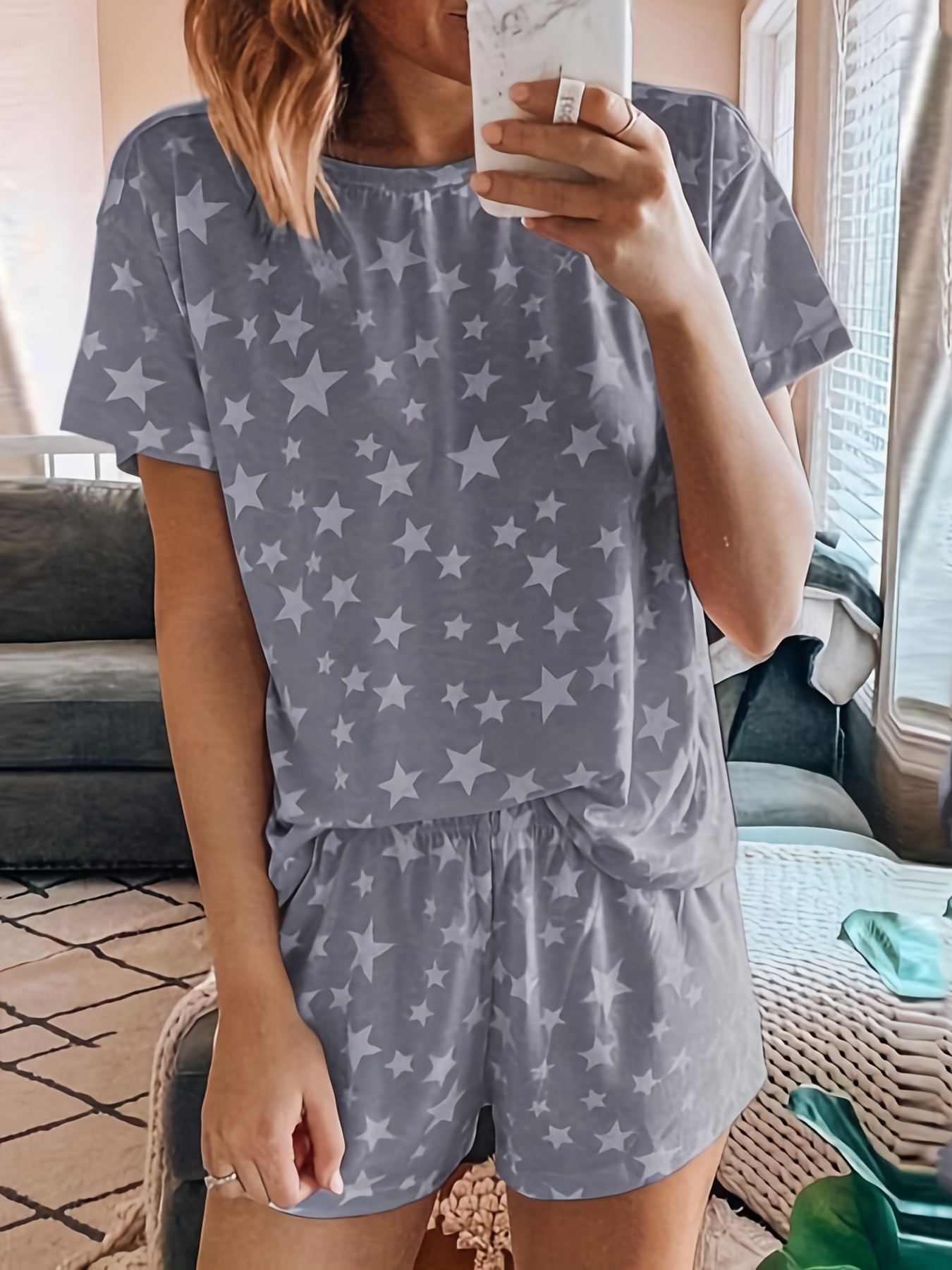 Summer Cute Crown Print Pajamas, Short Sleeve Tee Top And Pants Pj Set,  Women's Sleepwear & Loungewear