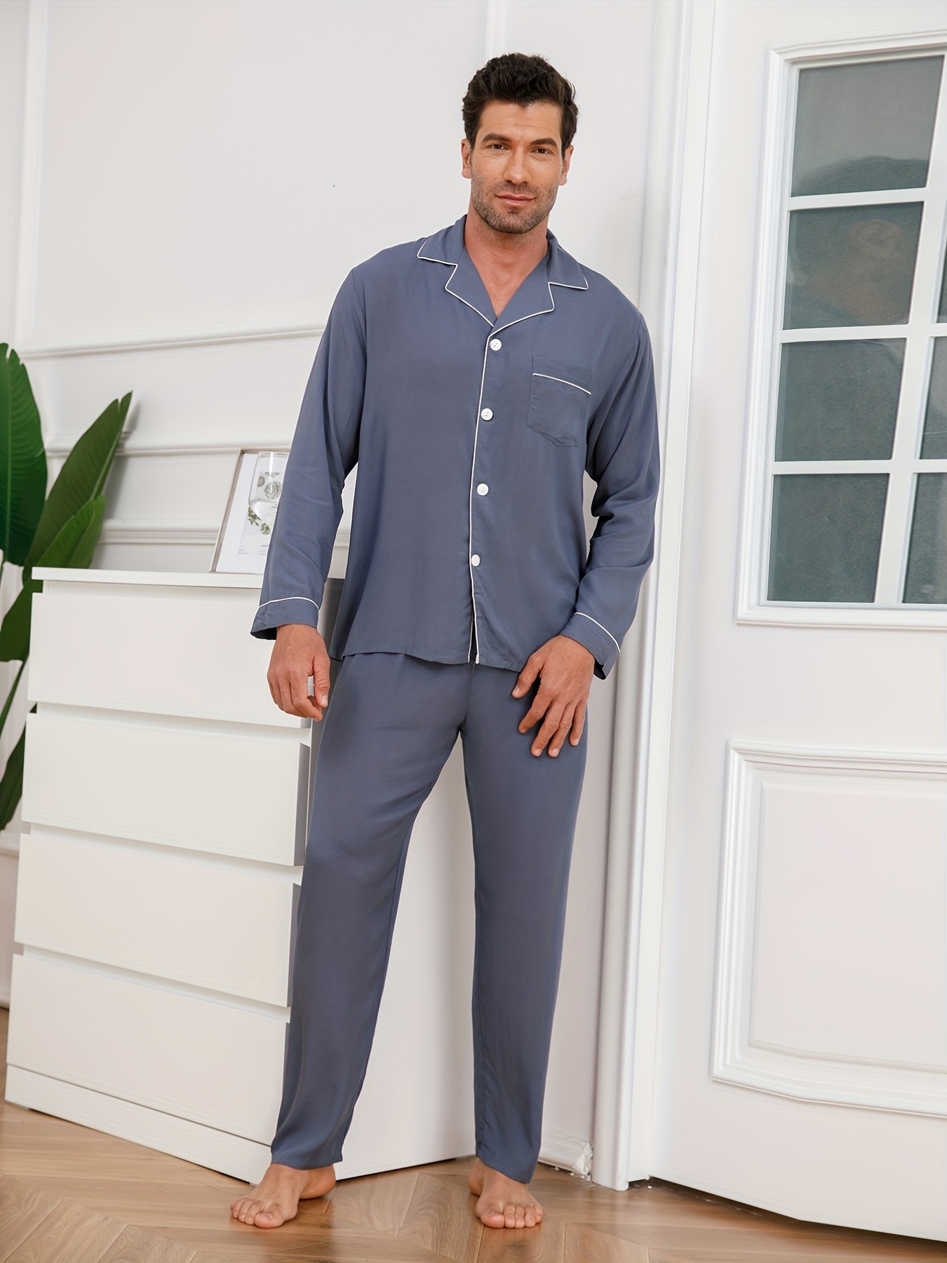 Men's Breathable Long Sleeve Button Shirt & Pants Pajamas Set, Sleepwear  Homewear For Man