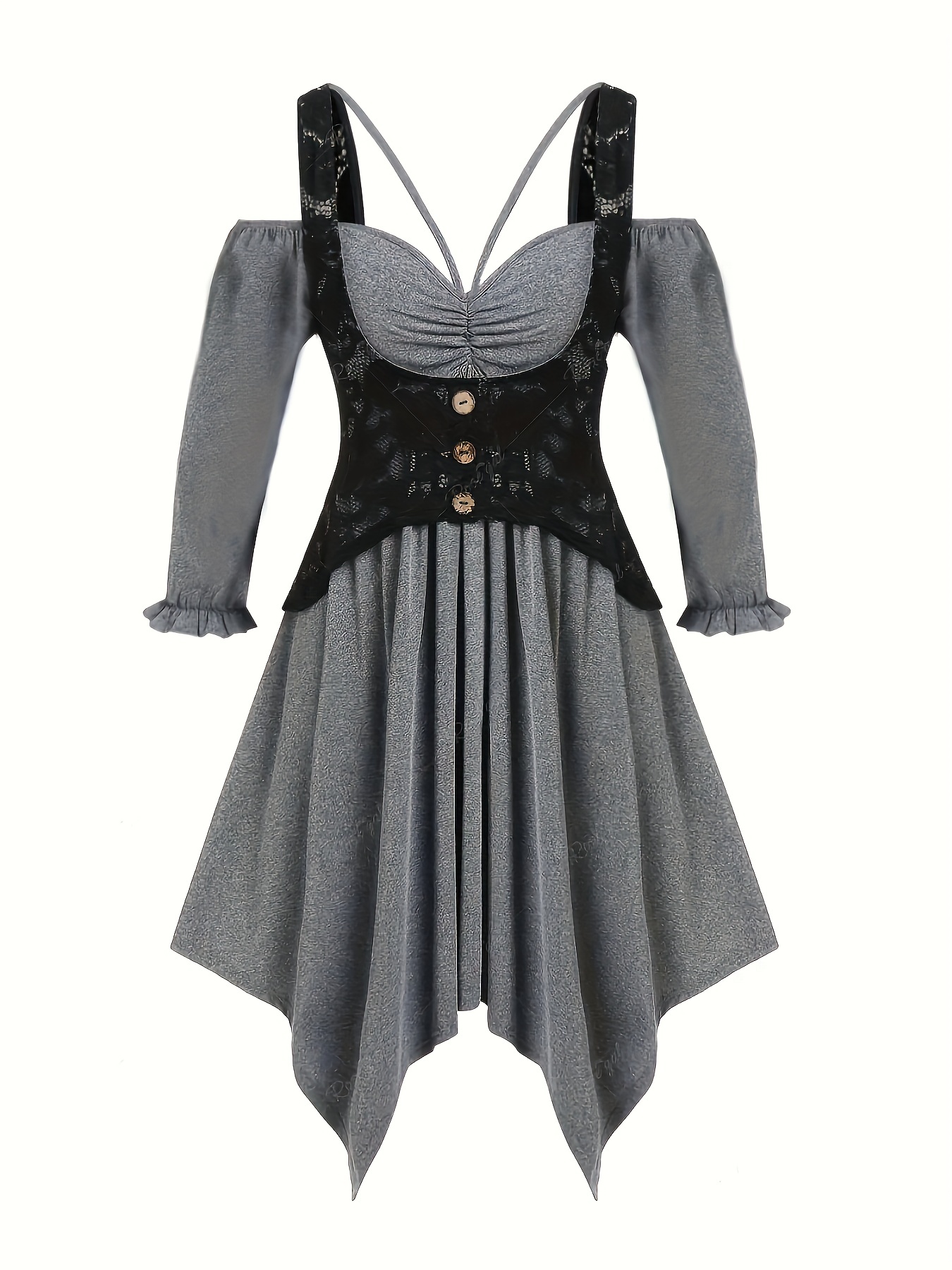 Plus Size Gothic Dress, Women's Plus Floral Lace Cold Shoulder Bell Sleeve  Lace Up Party Retro Dress