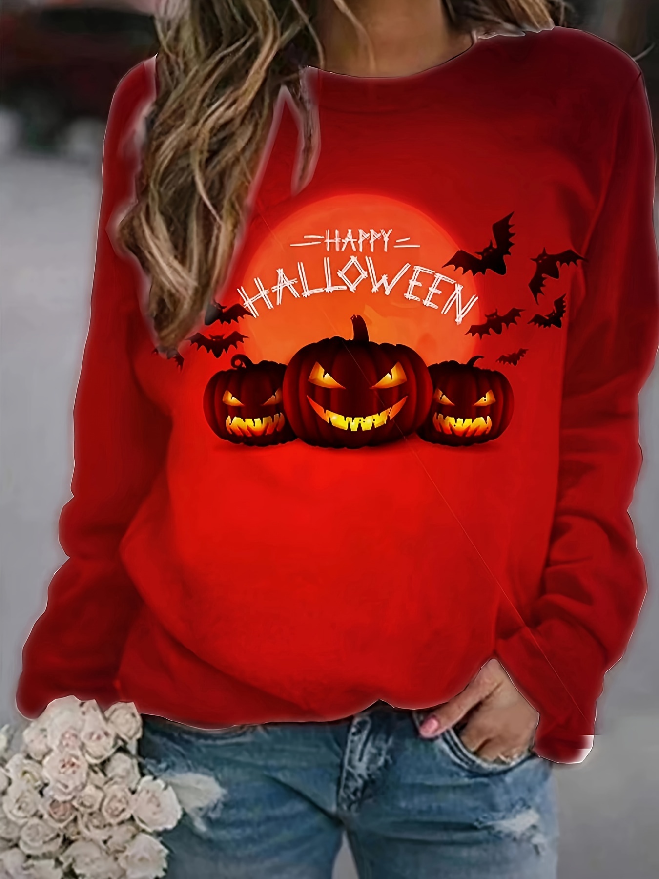 Sudadera Roja Con Estampado De Calabaza Y Cuello Redondo De Moda