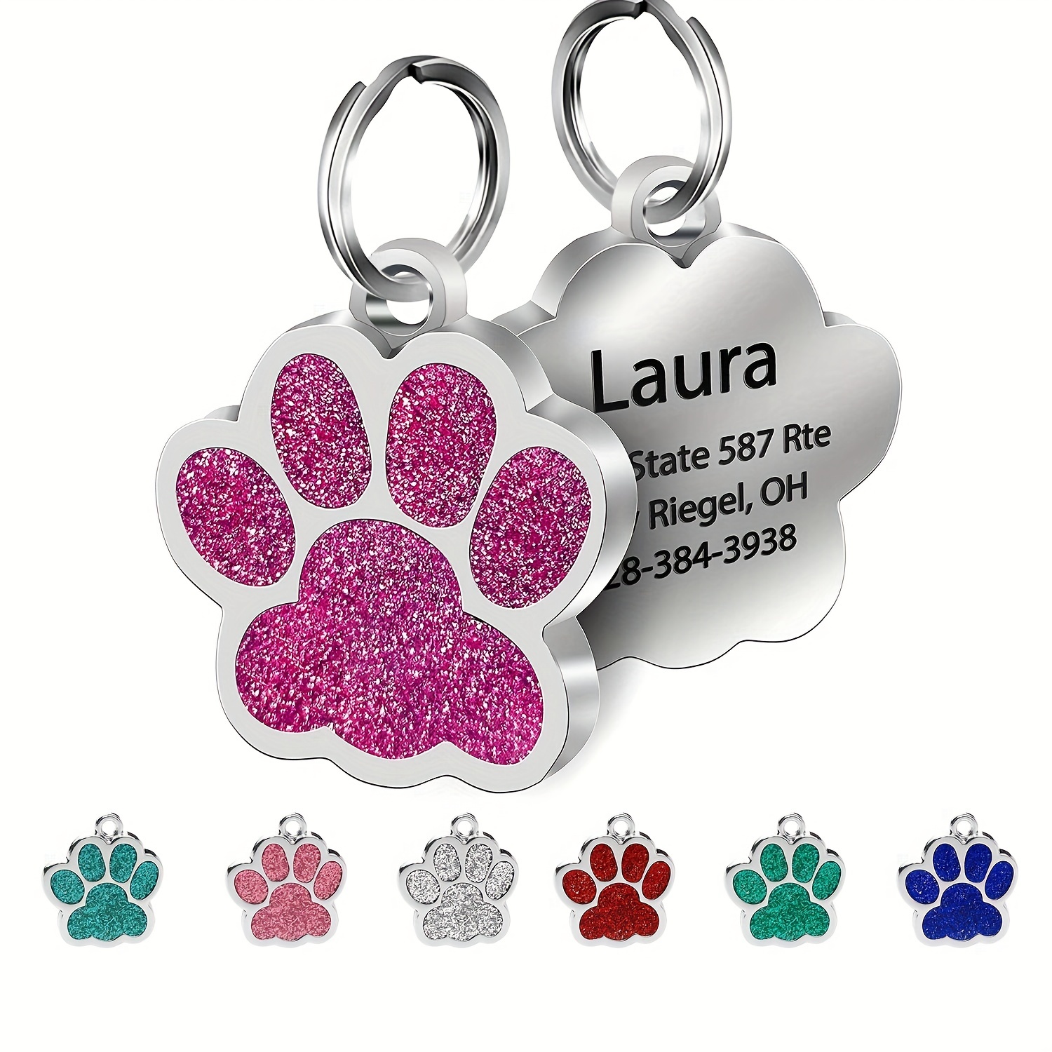 

Personalized Glitter Paw Print Pet Id Tags For Dogs And Cats - Engraved With Name, Phone Number, And Address - Anti-lost Charm For Small, Medium, And Large Pets