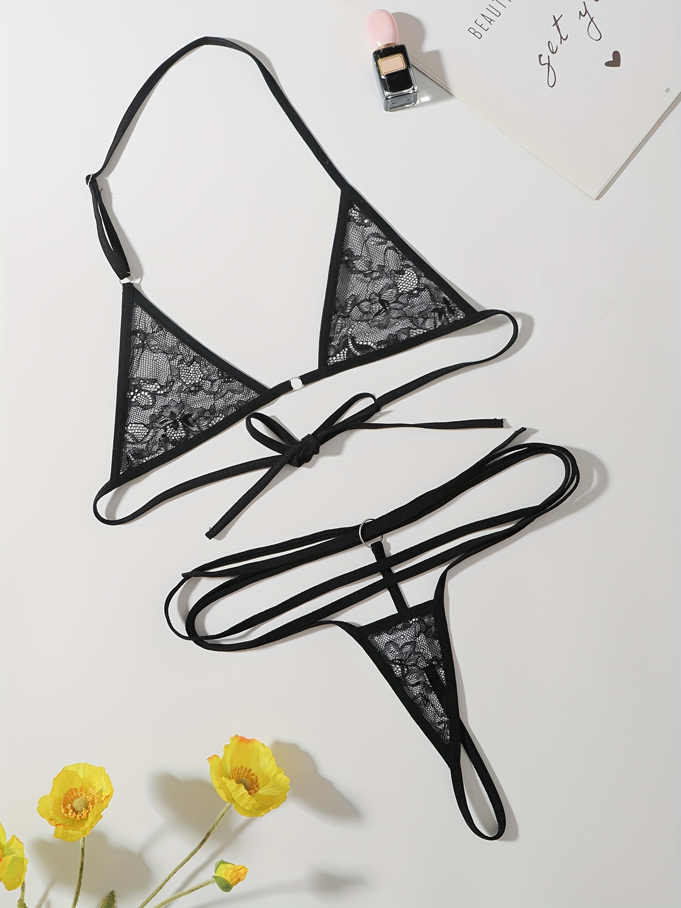Valentine's Day Heart Embroidery Lingerie Set, Semi Sheer Intimates Bra &  Thong & Garter Belt, Women's Sexy Lingerie & Underwear