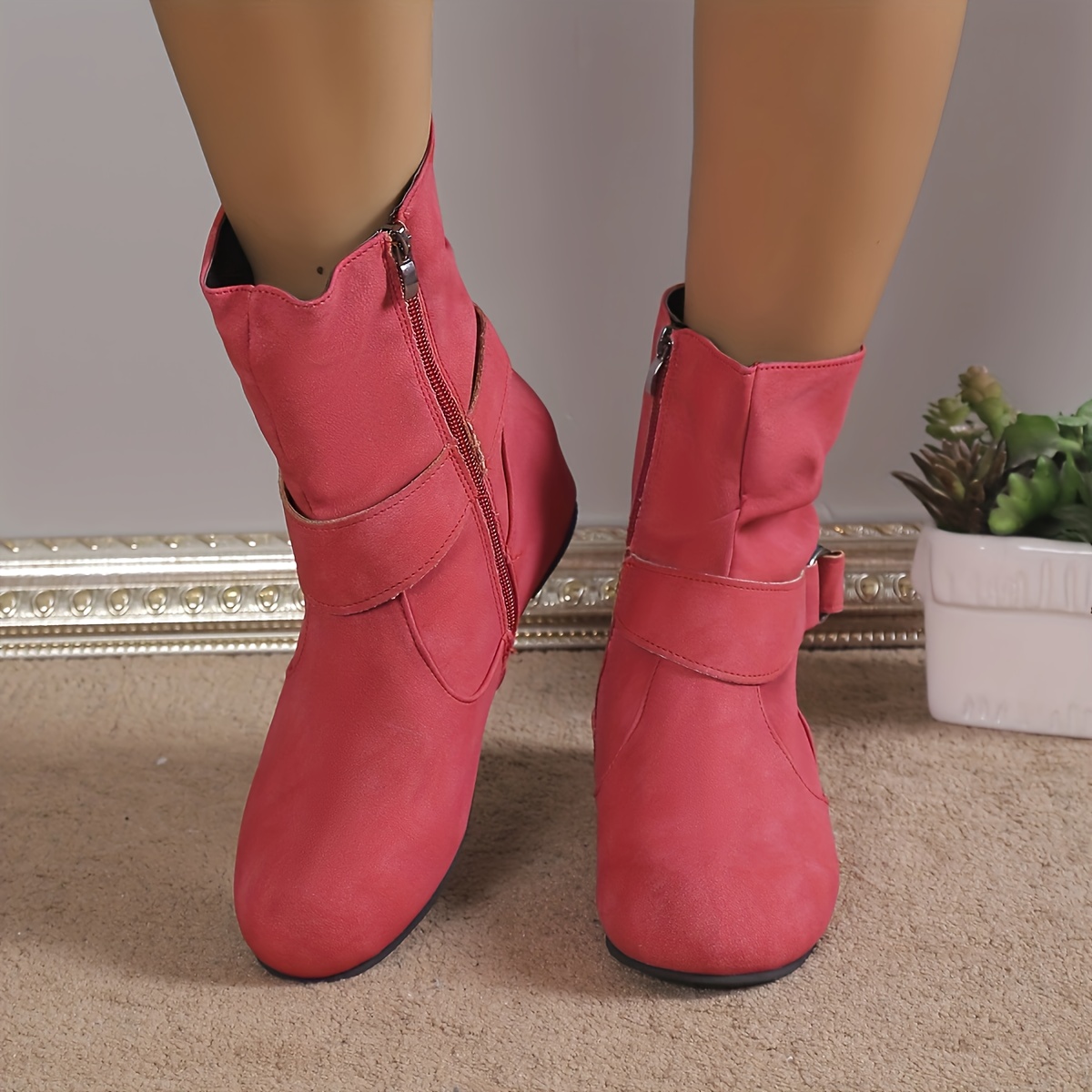 Red flat best sale heel boots