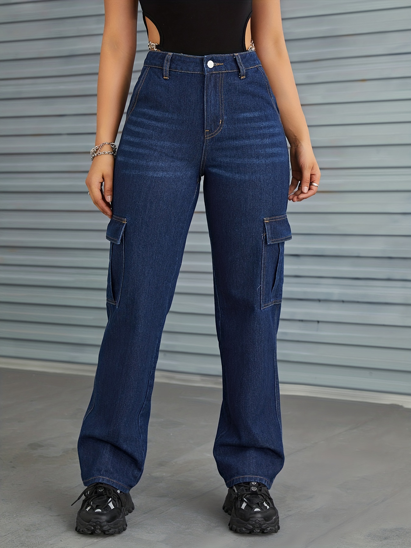 Pantalones De Carga Con Bolsillos De Solapa Azul, Jeans Rectos De Cintura  Alta Y Ajuste Holgado Lavados, Jeans De Mezclilla Y Ropa Para Mujeres