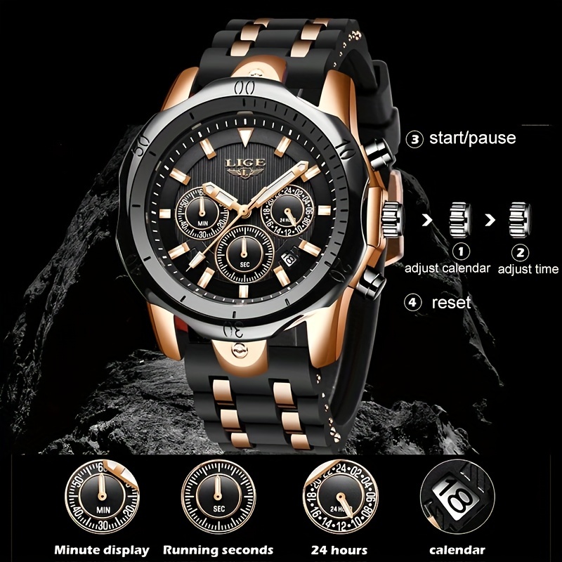 LIGE Mens Watches Business 24 Hour Date Waterproof Watches Fashion  Stainless Steel Quartz Gold Watch For Men Relogio Masculino