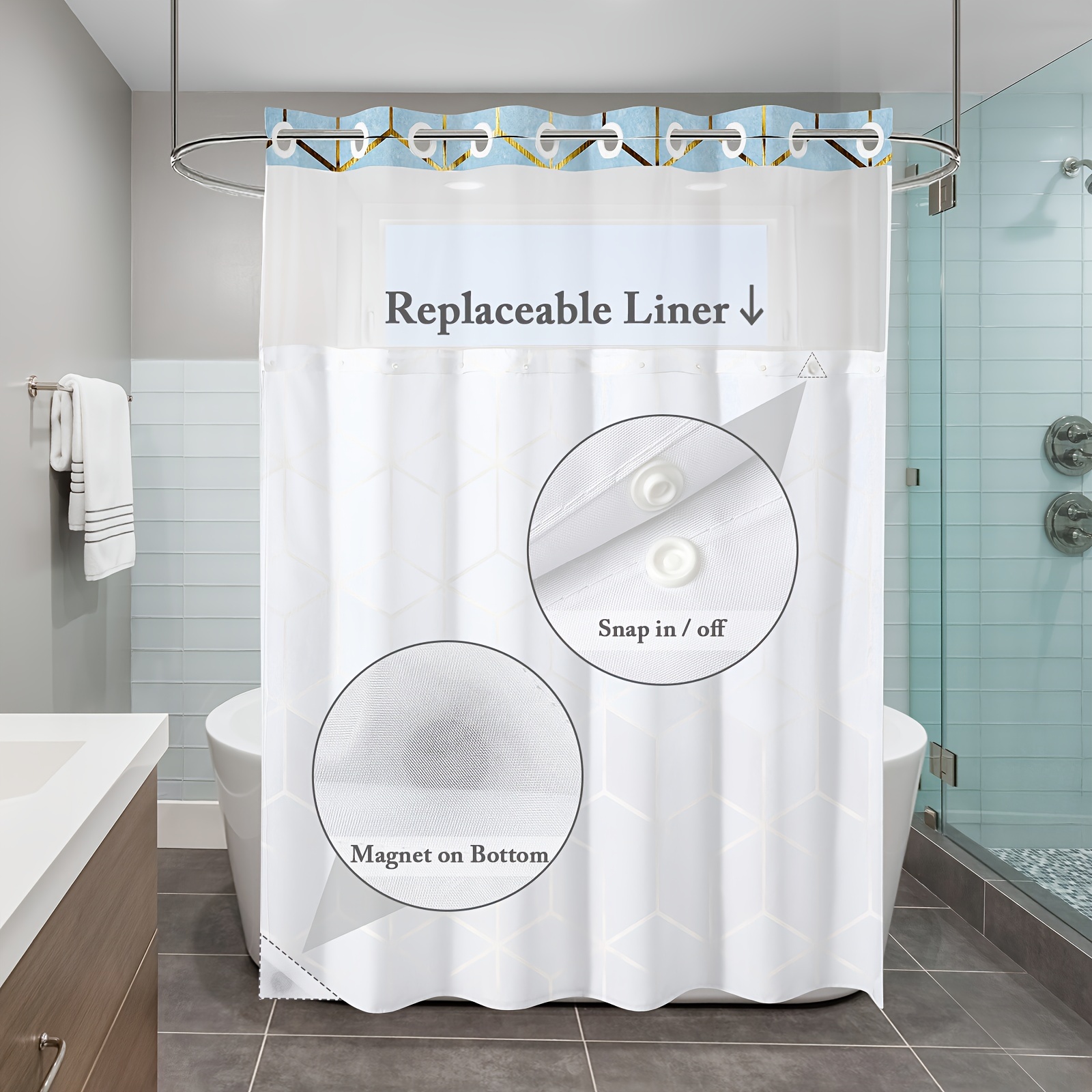 No Hooks Needed Marble Shower Curtain Snap in Fabric Liner - Temu
